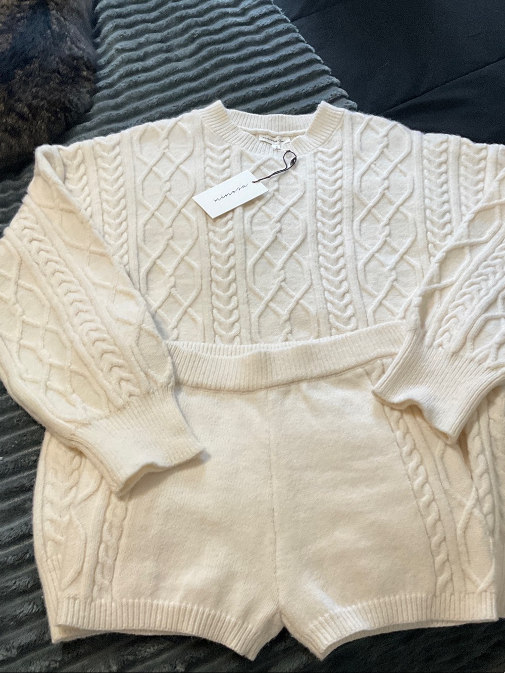 Women's Cream Cable-Knit Crewneck Sweater shorts set by Mimosa!
